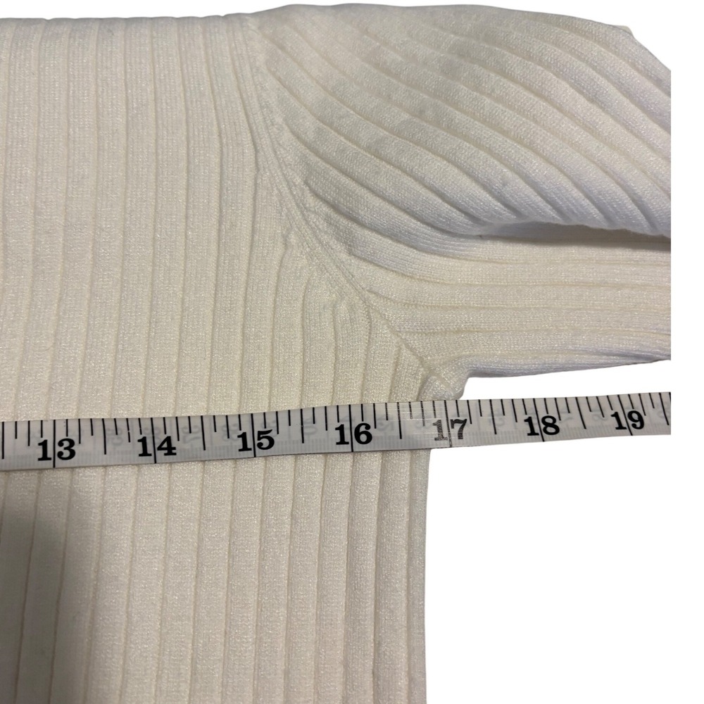 Commense Cardigan Med Off White Ribbed Knit Gold Button Front Crew Neck Sweater - Picture 6 of 7